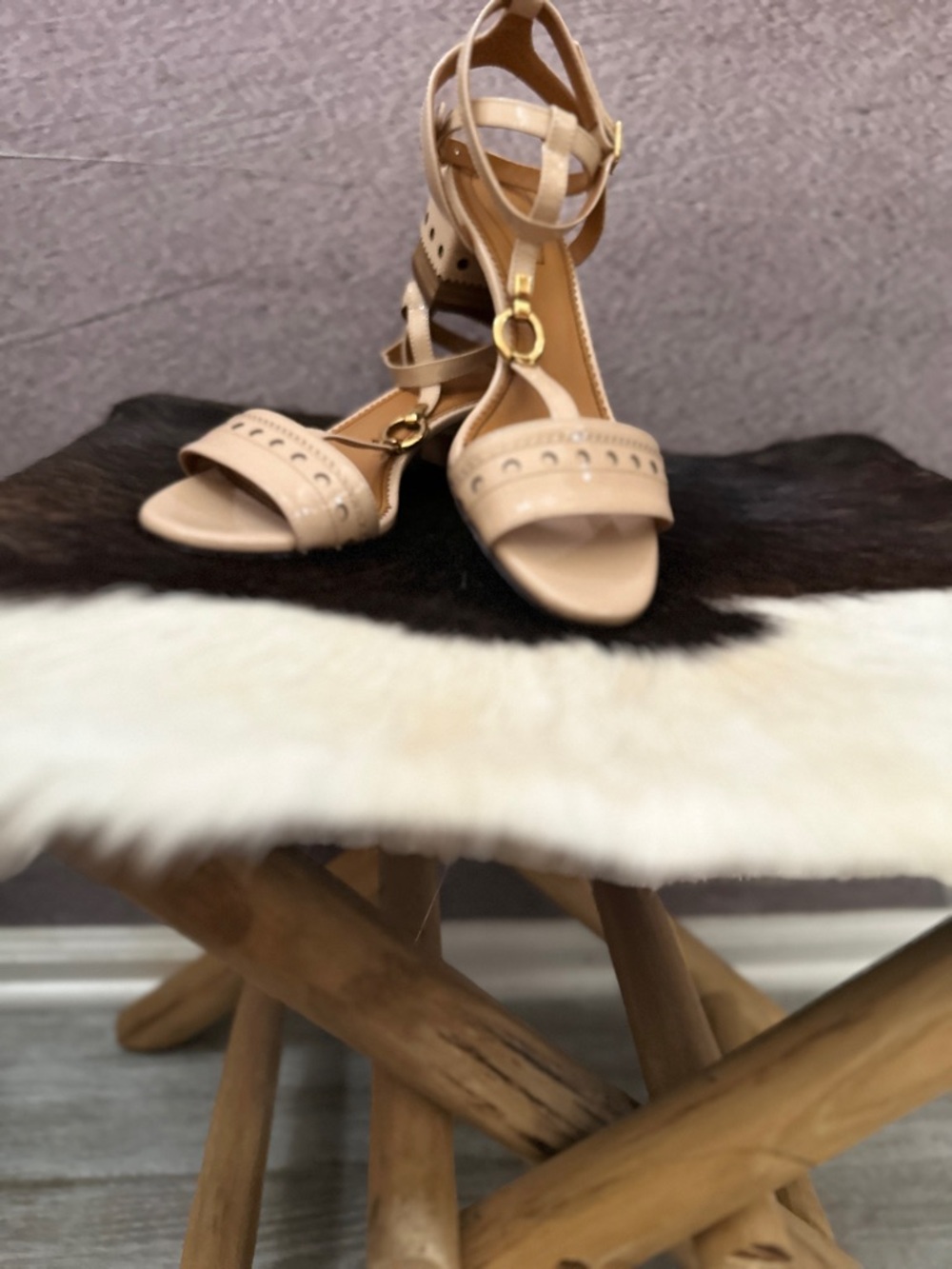 Chloe Beige Brogues Patent Leather Perry T Strap Sandals- Size 38.5